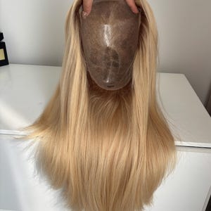 16” thin skin PU base hair topper, natural blonde color women topper, 7x9” realistic scalp free parting hair toppers