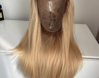 16” thin skin PU base hair topper, natural blonde color women topper, 7x9” realistic scalp free parting hair toppers