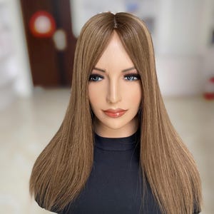 Stock 9x9” Ashy light brown Silk Hair Topper, 14”-18” length full coverage silk Base toppers for women, free parting scalp illusion topper