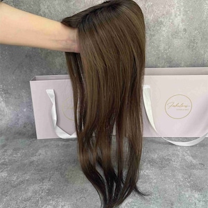 3X5.5” Lace Front Fine Mono Top Ashy Brown Color Human Hair Topper, High Quality Remy Hair Topper for Thinning Hair, Clip-in hair piece