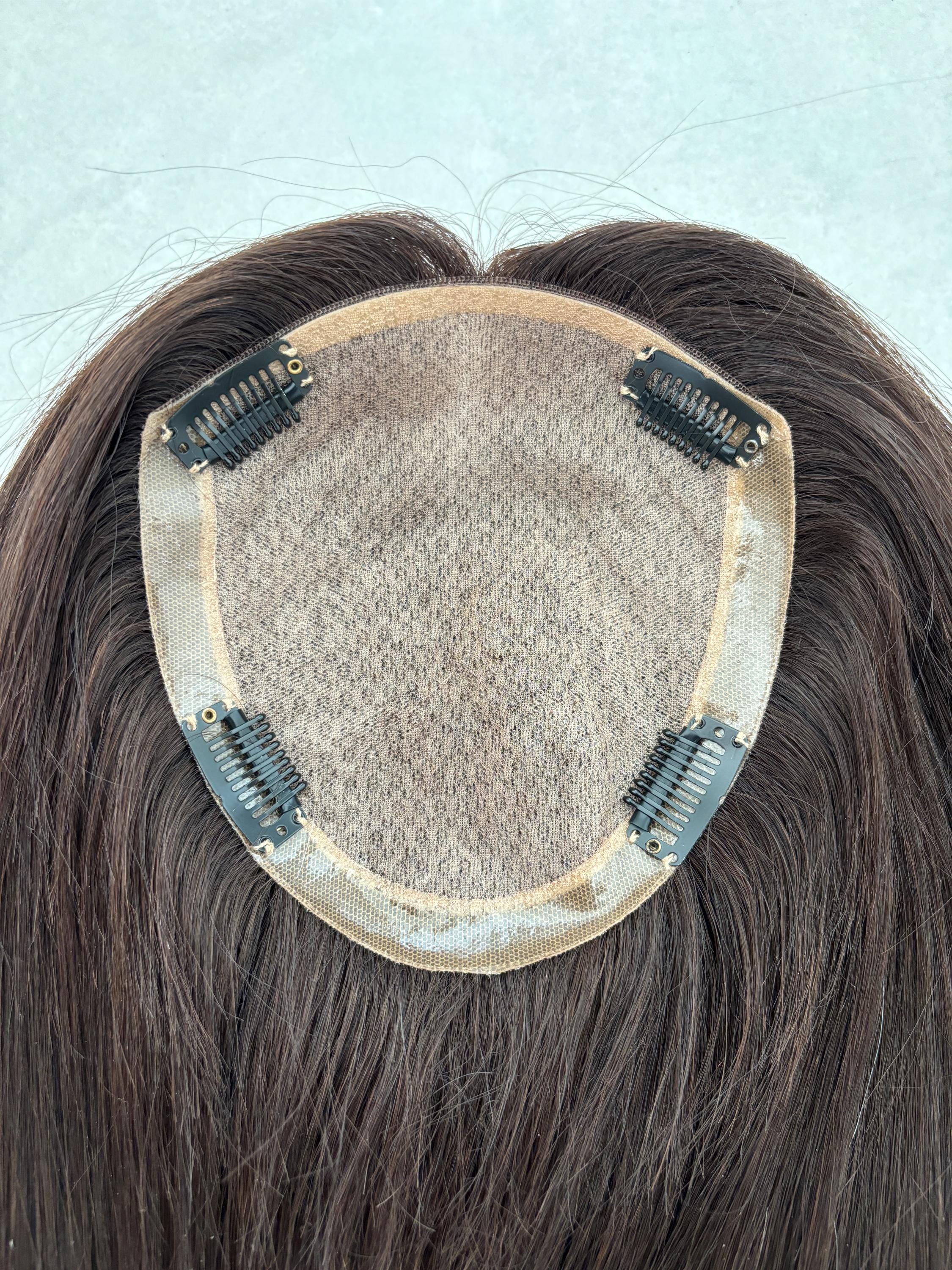 Female Topper Stock Dark Brunette Human Hair Topper, Free Parting Silk Base Topper ...