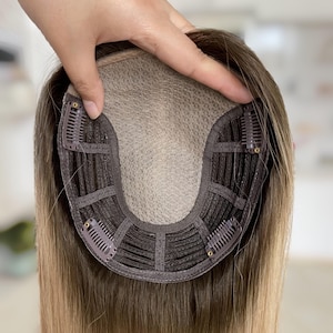 6.5x7” Invisible silk base human hair topper, brown balayage hair piece, hand tied topper for women, blonde color silk parting hair toppers