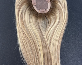 Blonde Remy Human Hair Topper: Fine Mono Base Clip-In Crown (3x5”)