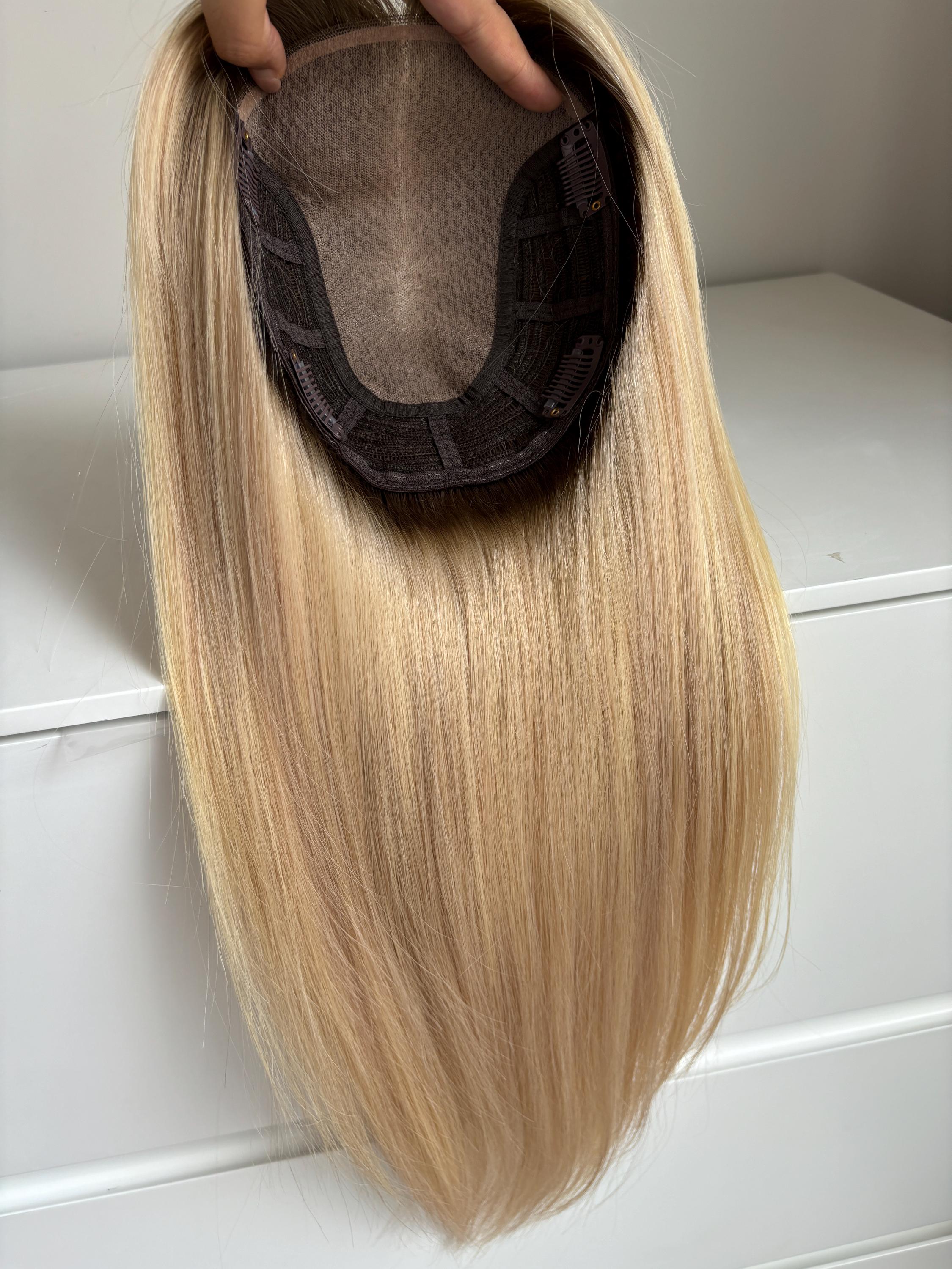 Human Hair Topper Clip-In Silk Base 12inch No Bangs Hairpiece 12 Inch Human Hair Toppers for Women Straight No Bangs 4.6x4  main image 2