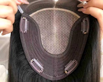 Prótesis capilar de cabello humano con encaje frontal de 14”-18”, parte superior de seda, 6x6.5”, cabello negro natural para cabello fino, raya de seda, cuero cabelludo realista.