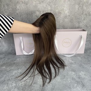 4,5X5,5” Seamless Fine Mono Top 16'' Café Castanho Cor Humano Cabelo Topper, Alta Qualidade Cabelo Topper para Cabelo Ralo, Cabelo Perda Topper
