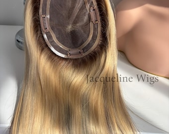 Corona de cabello humano Remy europeo rubio disponible en stock / Corona con clip de 5 x 6,5" con base monocromática para mujeres con cabello fino / Natural y transpirable