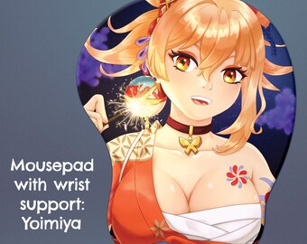 May include: A mousepad with wrist support featuring an anime character with long orange hair, wearing a red and white kimono, holding a sparkler. The character has a flower tattoo on her arm and is smiling. The mousepad has a dark blue background with white stars.