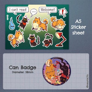 Puede incluir: Una hoja de pegatinas con una variedad de personajes de dibujos animados lindos, que incluyen un gato negro, un perro y un fantasma. La hoja está etiquetada como "Hoja de pegatinas A5".