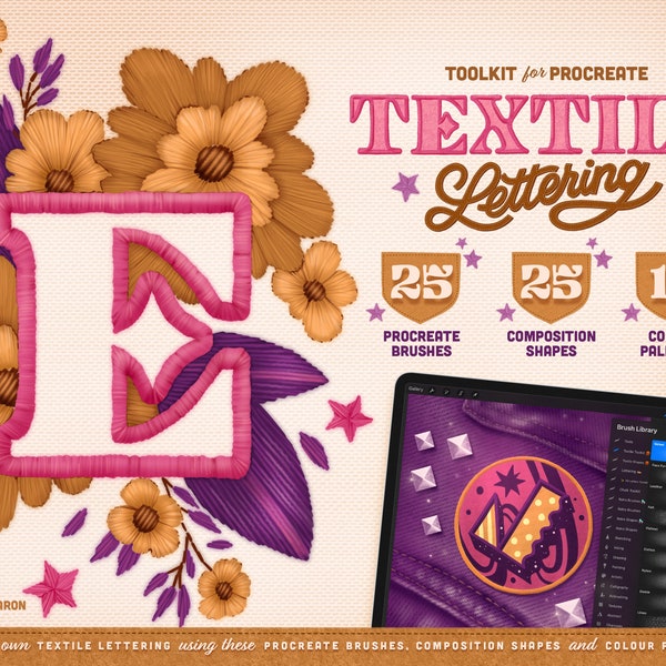 Textile Lettering Toolkit for Procreate | Procreate Brushes, Stamps, Grain, Textures, Fabric, Demin for Digital Art