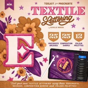 Textile Lettering Toolkit for Procreate | Procreate Brushes, Stamps, Grain, Textures, Fabric, Demin for Digital Art