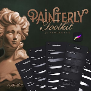 May include: A digital brush set titled Painterly Toolkit for Procreate featuring a classical bust illustration and dark panels listing various brush types including Block-In, Soft Build, Heavy Build, Textures, and Blending with specific names.