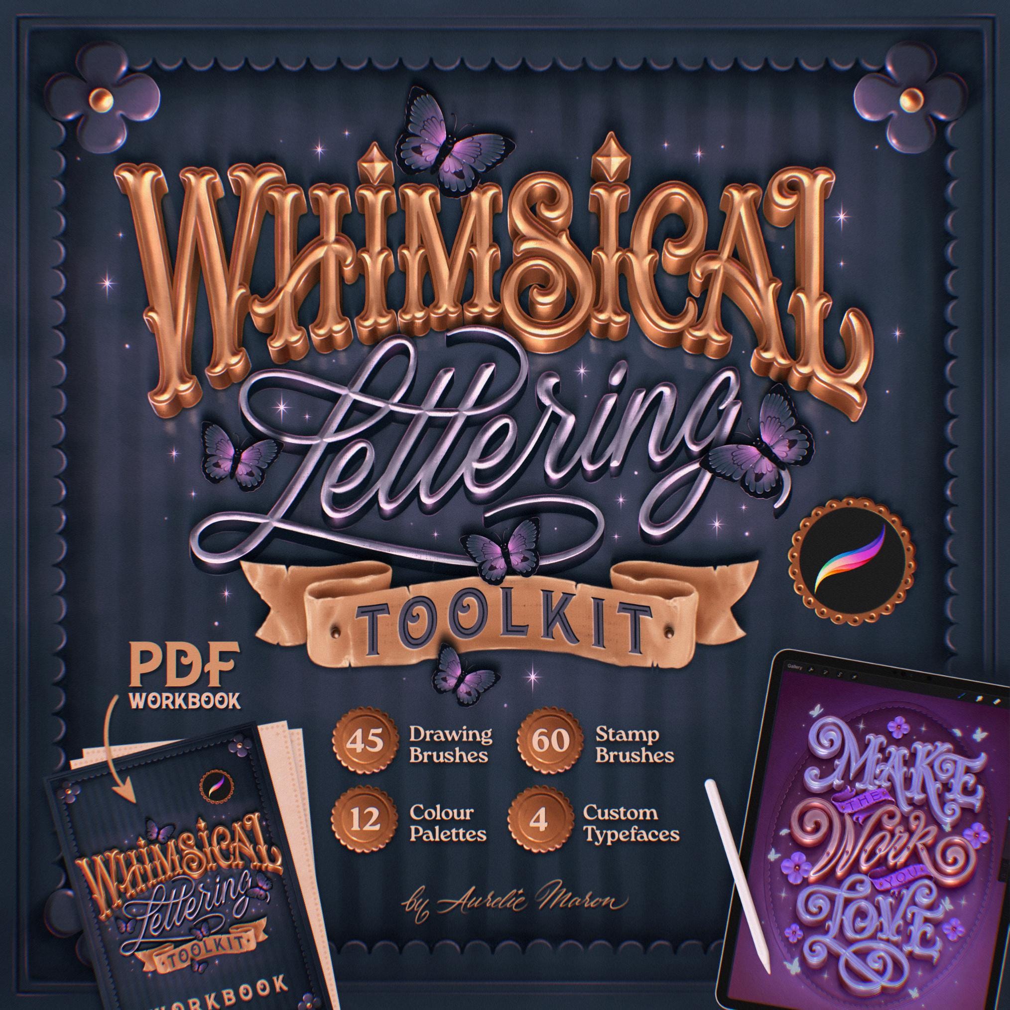 Whimsical Lettering Toolkit for Procreate – Brushes, Stamps, Textures, Palettes & Fonts