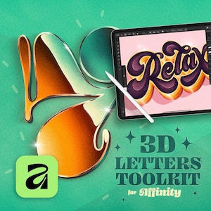 Może przedstawiać: Cyfrowa ilustracja z tabletem wyświetlającym słowo "Relax" w stylu retro 3D, rysikiem i tekstem "3D Letters Toolkit for Affinity" na turkusowym tle. Widoczne jest również stylizowane logo "a".
