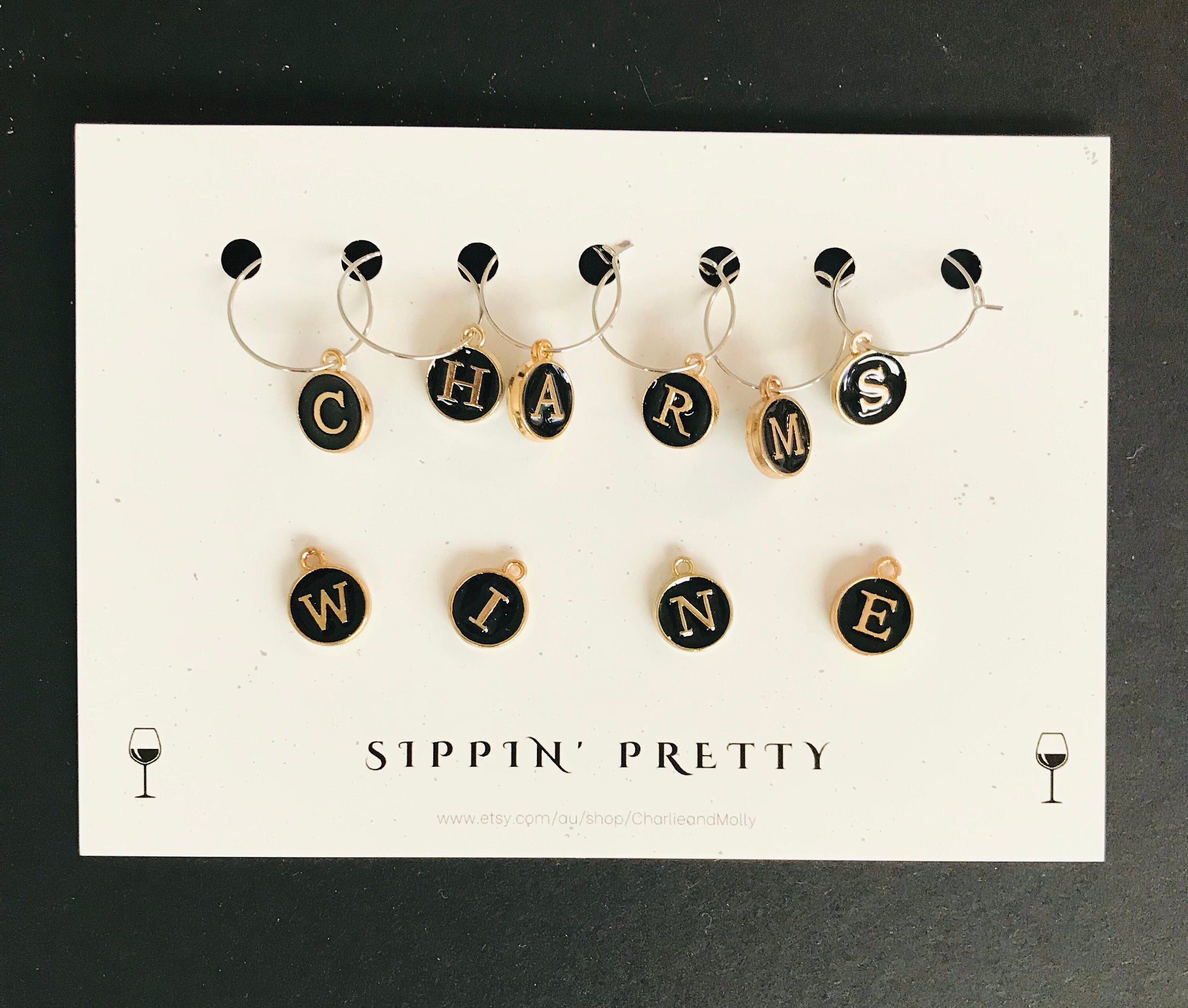 Alphabet Wine Charms Set of 6 Black Etsy Australia
