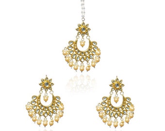INDIAN KUNDAN EARRINGS | Bollywood Bridal Wedding Gold Plated Pearls Designer Jewelry Set For Women,meenakari Kundan Earrings Tikka Set