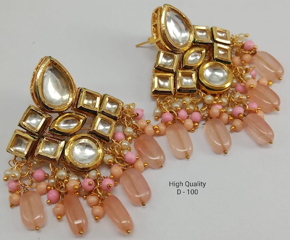 Peach Kundan Earrings: Gold Plated Indian Jewelry