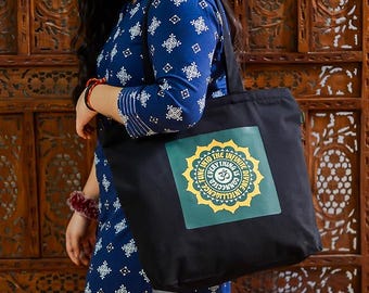 Handpainted Black Canvas Tote Bag, Aesthetic Shopping Bag