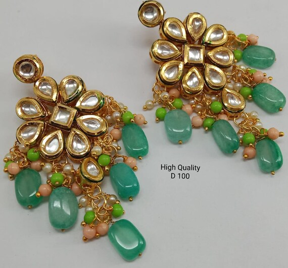 Green kundan earrings clearance