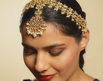 Kundan Mathapatti Sheeshpatti: Pearl Indian Bridal Hair Jewelry