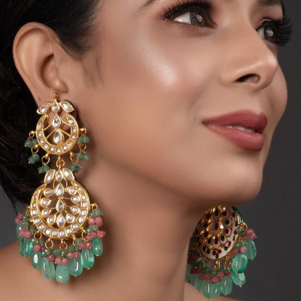 Green Kundan Earrings | Bollywood Jewelry | Indian Jewelry | Christmas Gift | Fine Kundan | Indian Chandbali |Statement | Hoop earrings