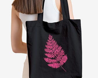 Handpainted Black Canvas Tote Bag, Pink Fern Print