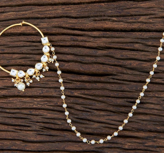 Nose Ring fine Kundan Nosering nose Ring With Pearl Chain polki