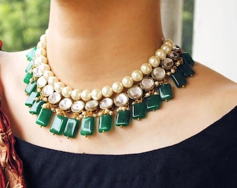 Emerald Green Kundan Choker Set: Gold Plated Wedding Jewelry