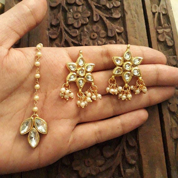 New Black Bridal Maang Tikka Earrings Set Pearl Kundan Gold Tone Indian  Jewelry | eBay