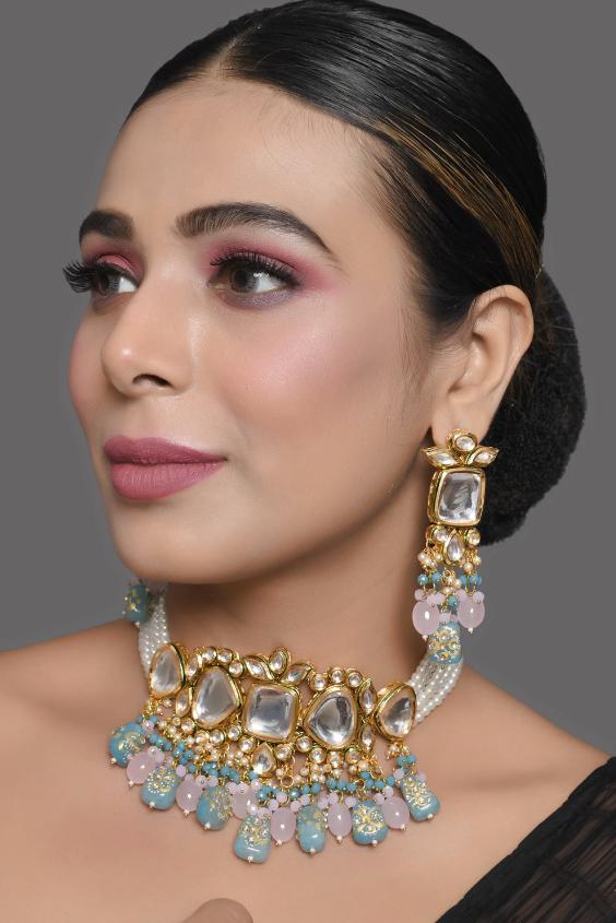 Pastel Kundan Choker Necklace: Indian Tanjore Beads Jewelry Set