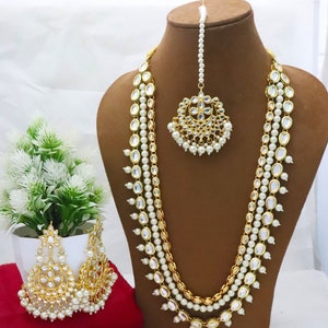 Kundan Bridal Necklace Earrings Tikka Set, Long Necklace Rani Haar Pearls Bollywood Jewellery Set, Party Wear Necklace, Statement Set