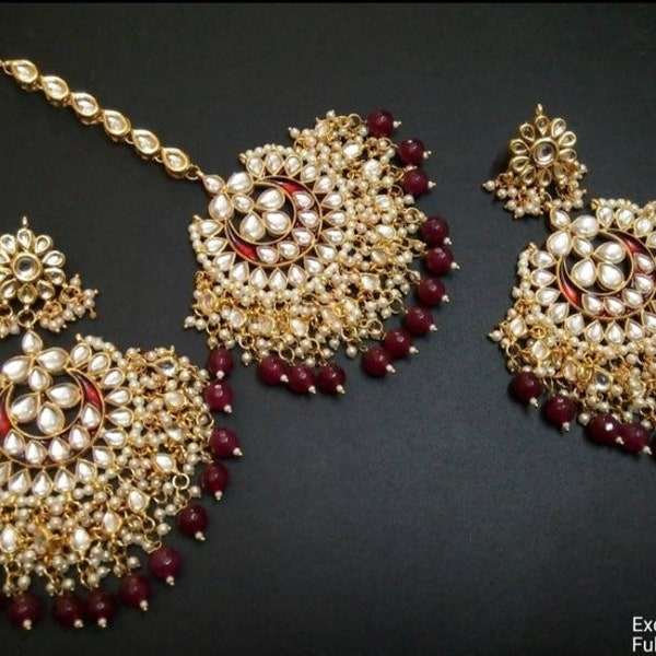 Ensemble de tikka et de boucles d’oreilles Rouge Maang - Ensemble Kundan maang tikka et chaandbali rouge - Ensemble Big kundan chaandbalis et maang tika, bijoux indiens