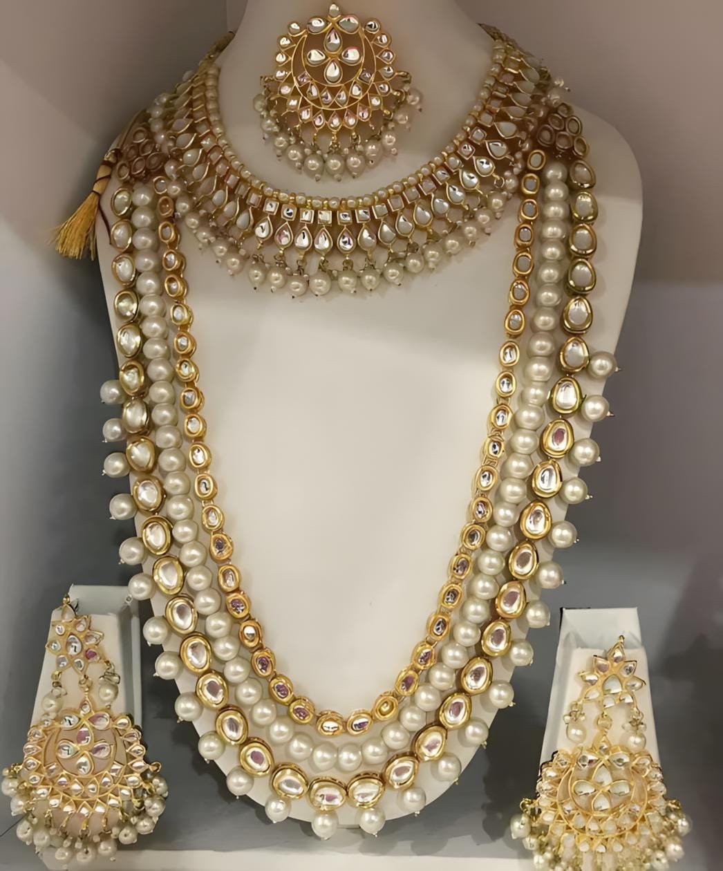 Kundan Bridal Choker Necklace Earrings Tikka Set, Long Necklace Rani Haar Pearls Bollywood Jewellery Set, Party Wear Necklace, Statement Set