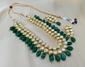 Indian jewelry, Kundan long necklace, Kundan layered necklace, Green Kundan necklace, Kundan rani haar, Kundan jewelry, green choker set