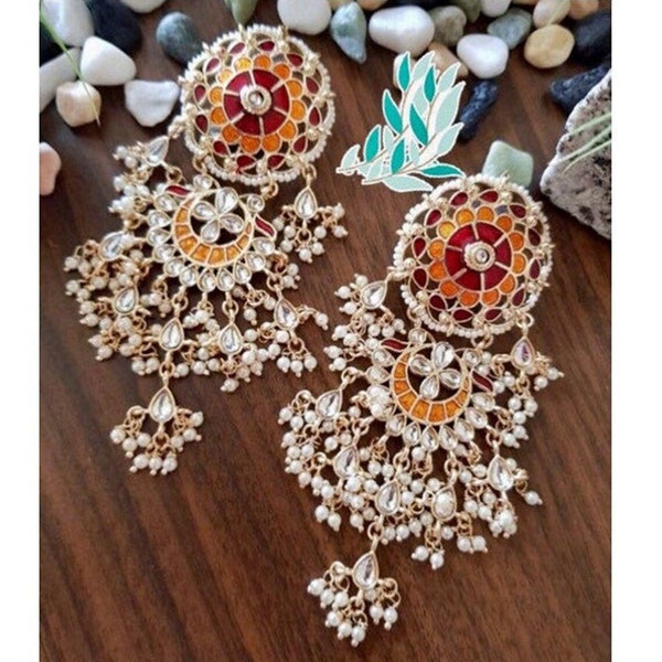 Indian Bollywood Meena Kundan Designer Bridal Wedding Kundan Earrings Jewellery Set For Women