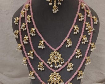 Kundan Indian Jewelry Set | Pink Beads, Gold Plated Necklace Earrings Tika