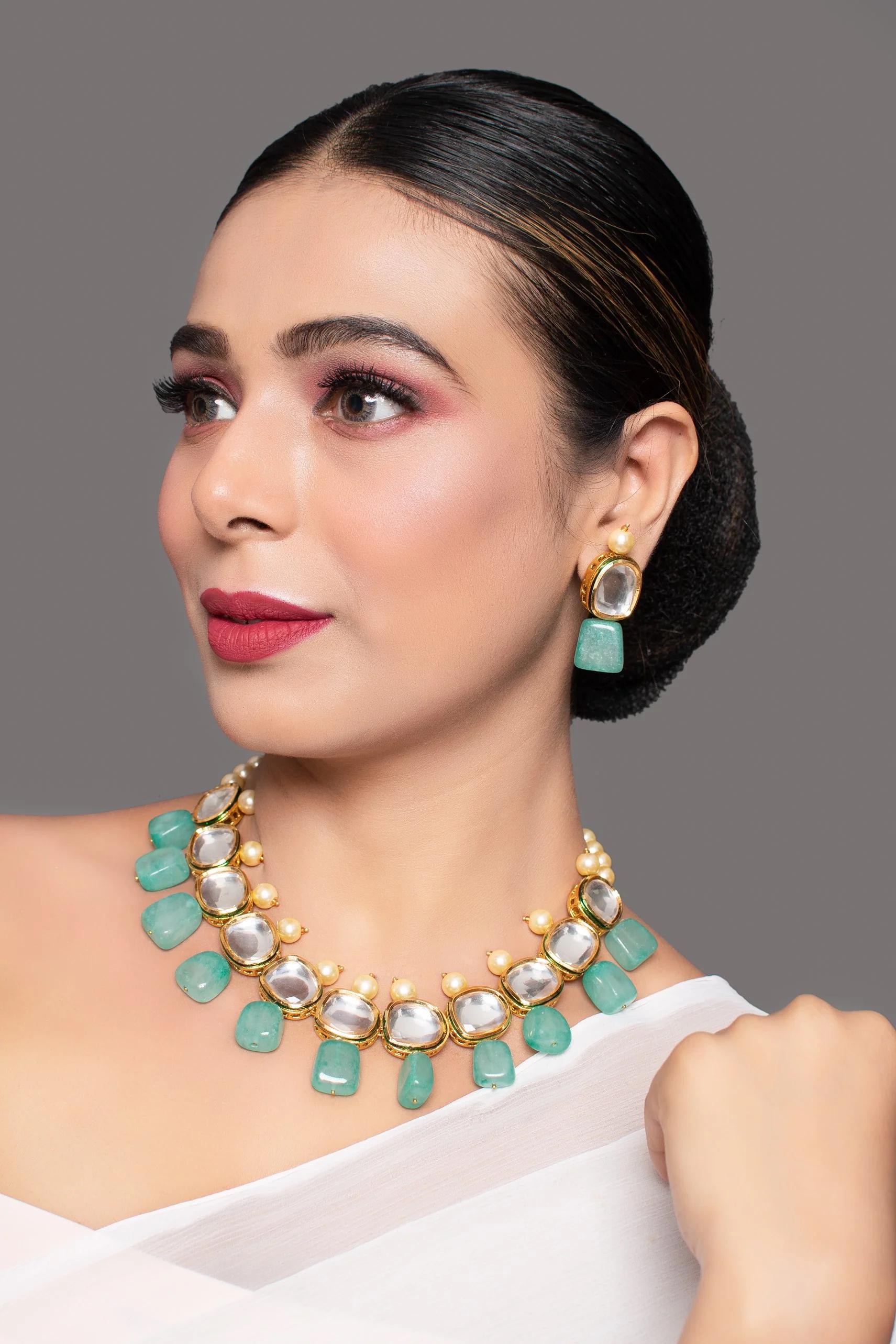 Mint Green Kundan Bridal Necklace Set: Sabyasachi Designer Jewelry