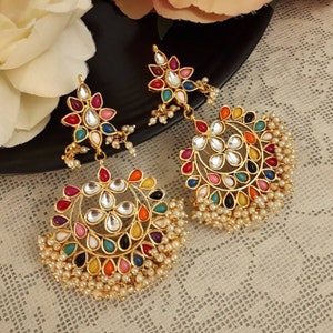 Multi-Color Kundan Earrings, Kundan Chaandbali, Multicolored Kundan Chaandbali, Kundan jewelry, Pakistani Jewelry