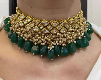 Emerald Green Kundan Choker Set: Gold Plated Wedding Jewelry