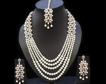 Pearls Kundan Polki Necklace Earrings Tikka: Antique Gold Bollywood Bridal Jewelry