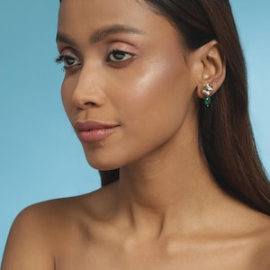 Small Kundan Stud Earrings: Gold Tone, Pearl Cluster, Indian Jewelry, Green