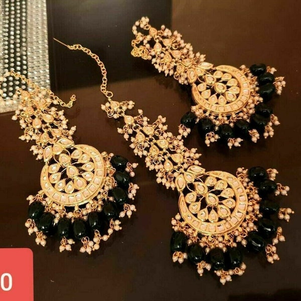 Indian Black Pearl Kundan Aalia Earrings Maang Tikka Fashion Traditional Jewelry Bollywood Designer Pakistani Wedding Jewelry