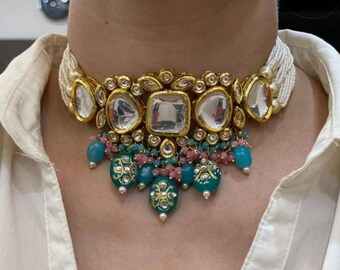 Turquoise Kundan Choker Set: Gold Plated Indian Jewelry, Designer Sabyasachi Punjabi Set
