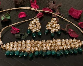 Emerald Green Kundan Choker Set: Gold Plated Indian Jewelry