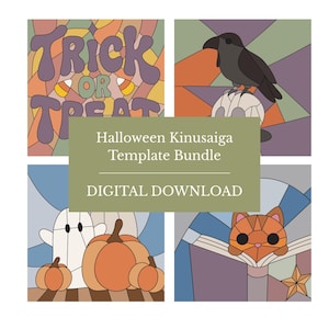 May include: A digital download bundle of four Halloween Kinusaiga templates featuring stained glass style illustrations of the text Trick or Treat with candy corn, a black crow on a skull, a ghost with pumpkins, and a cat reading a book.