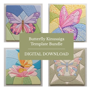 May include: A digital download bundle featuring four square Kinusaiga templates with butterfly designs. Each image displays intricate fabric patchwork patterns in pastel colors, including pink, purple, blue, yellow, and green, with the text Butterfly Kinusaiga Template Bundle DIGITAL DOWNLOAD.