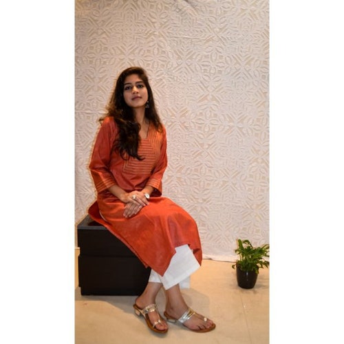 Orange Traditional Kurti | 100% Pure Cotton-Silk Dress | Designer Top | Beautiful shops Long Dress | Summer Dress for Women - Orange Ombre