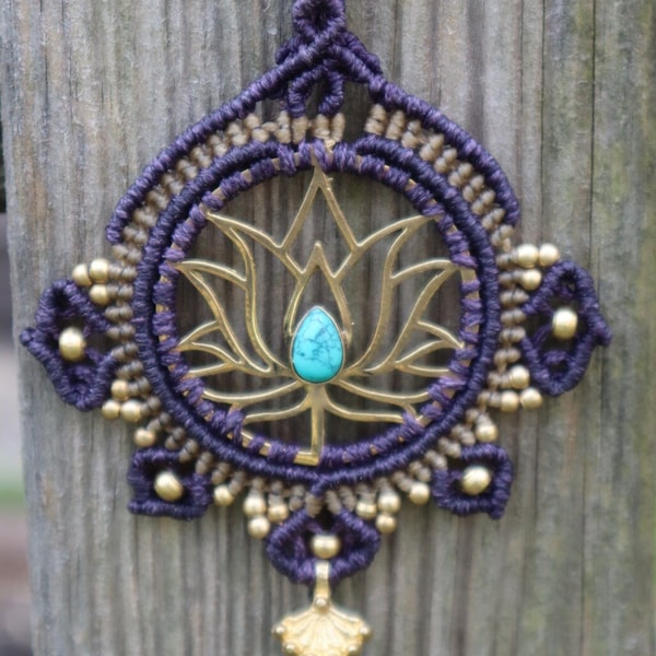 Purple Lotus Mandala Necklace Macrame Moonstone, Macrame Om Mani Padme Hum, Handcraft, Esoteric, Yoga, Meditation, Turquoise
