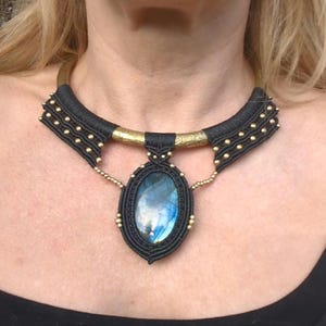 Chokers with Labradorite, Macrame Choker Gemstone, Goa, Elven Jewelry, Wicca, Ethno Choker, Tribal, Brass Hoops with Macrame, Festival
