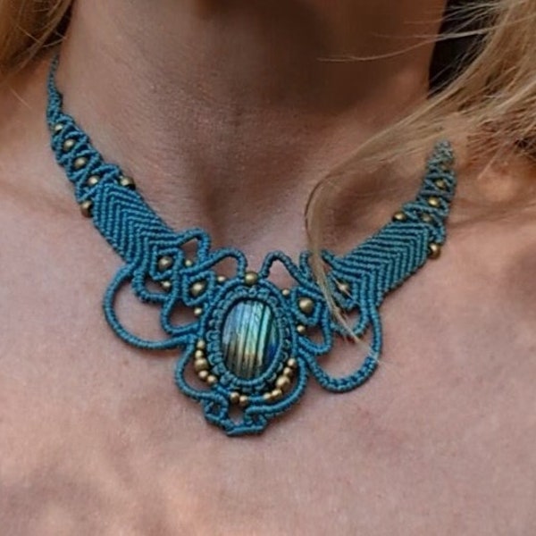 Collier macramé bleu turquoise avec labradorite, chaîne fait main, pierre de guérison, fantaisie, fées, tour de cou macramé